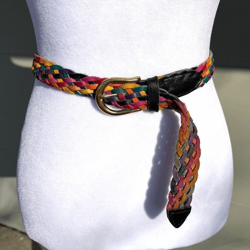 Vintage 90s Multicolor Woven Leather Belt with Brass Buckle Size S